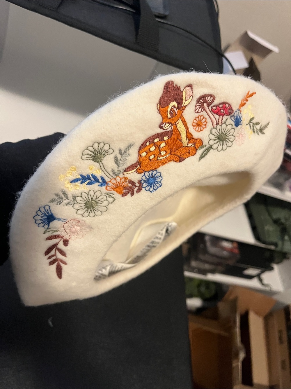 Disney Cream Beret with Embroidered Bambi and Floral Accents